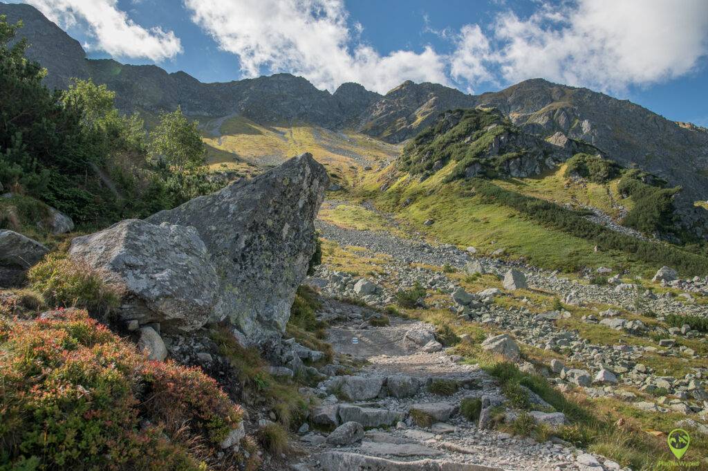 Otwarta panorama na surowe, skaliste szczyty Tatr Zachodnich z podejścia pod Rohackie Stawy.